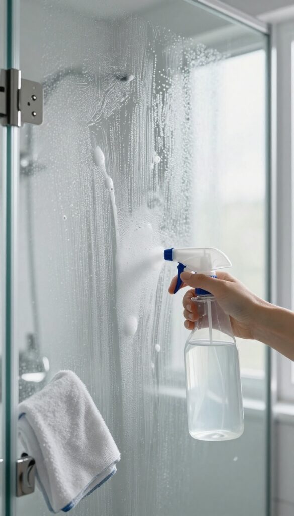 Homemade vinegar and dish soap solution sprayed on a glass shower door, showing clean and dirty sections.