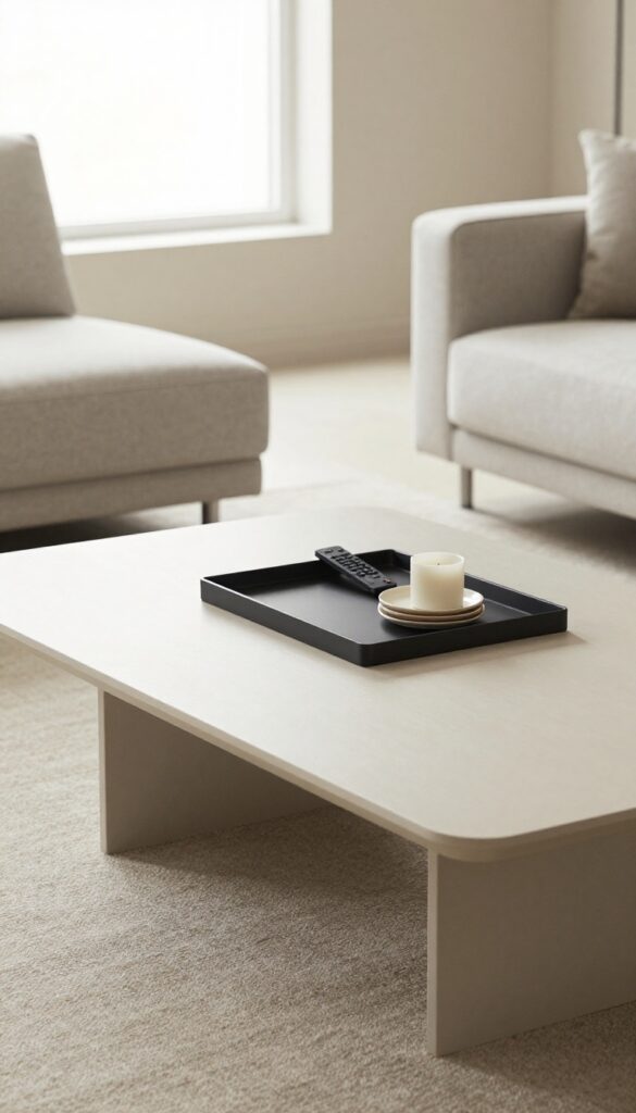 A matte black tray on a coffee table holding a remote, coasters, and a candle, with the rest of the surface clear, in a bright modern living room.