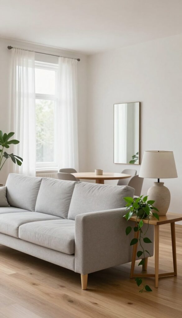 Small living room with sofa floated away from wall, console table behind, and dining table centered in room