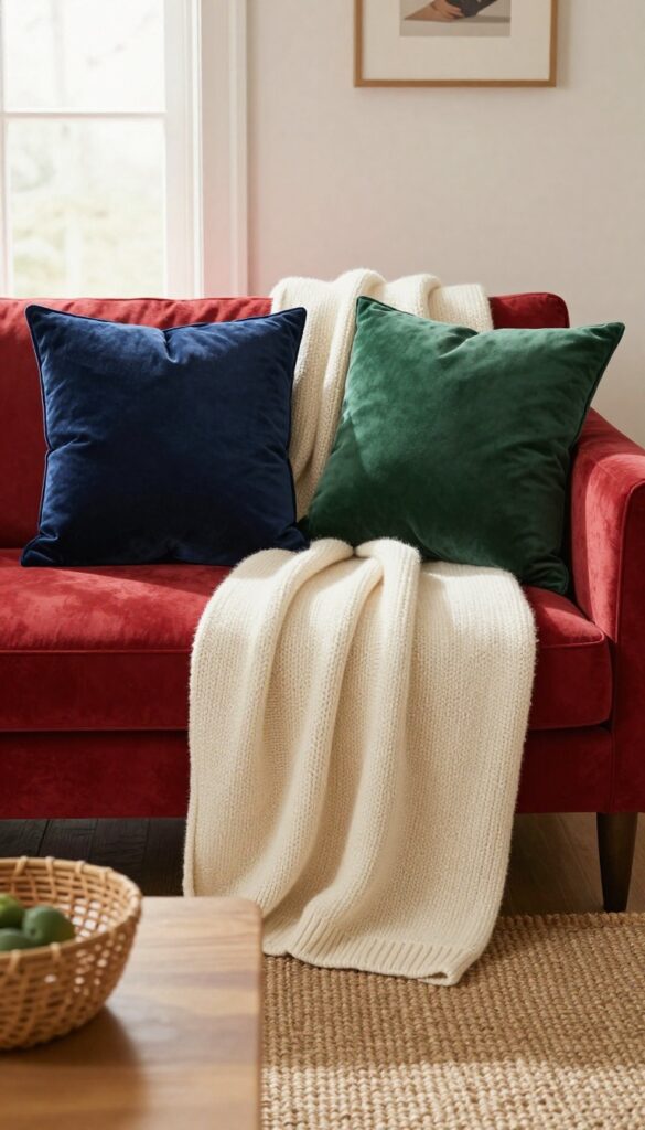 Red couch with chunky knit throw, velvet pillows, jute rug, and wooden coffee table in a bright, cozy living room