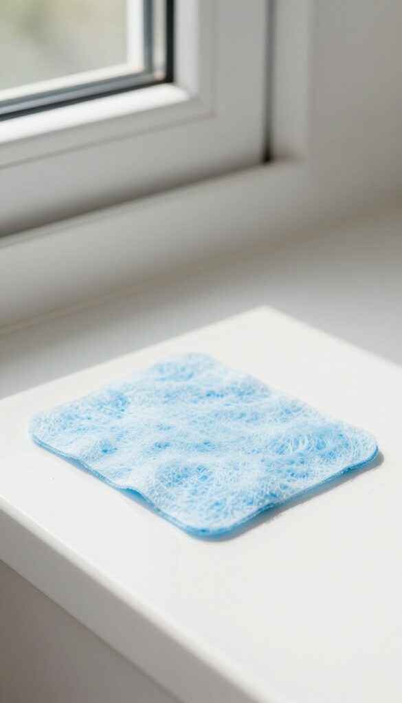 Dusting a white baseboard with a blue dryer sheet in bright natural light