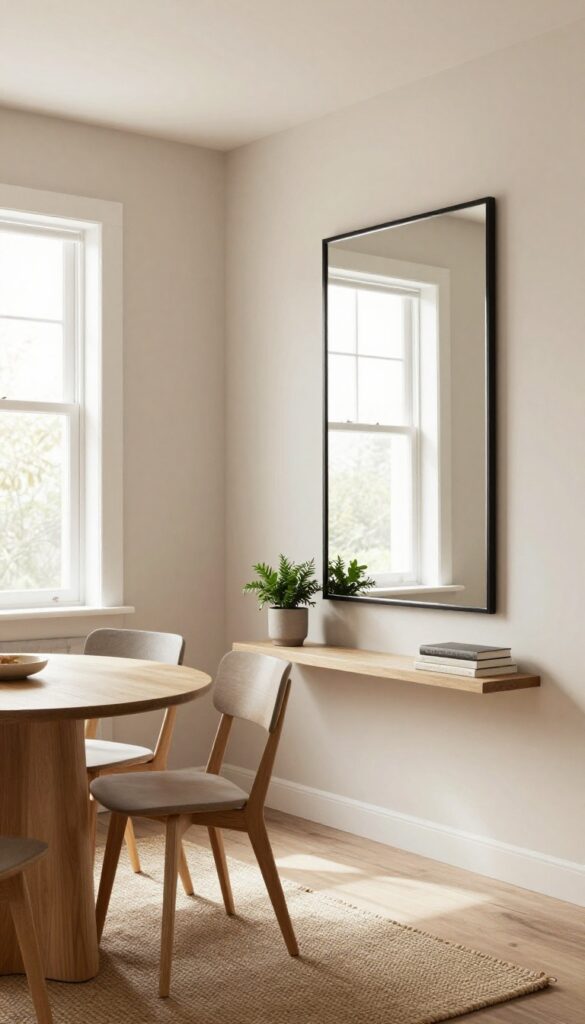 Small living room with dining area, large mirror reflecting window and dining table, console table with plant and books below mirror.