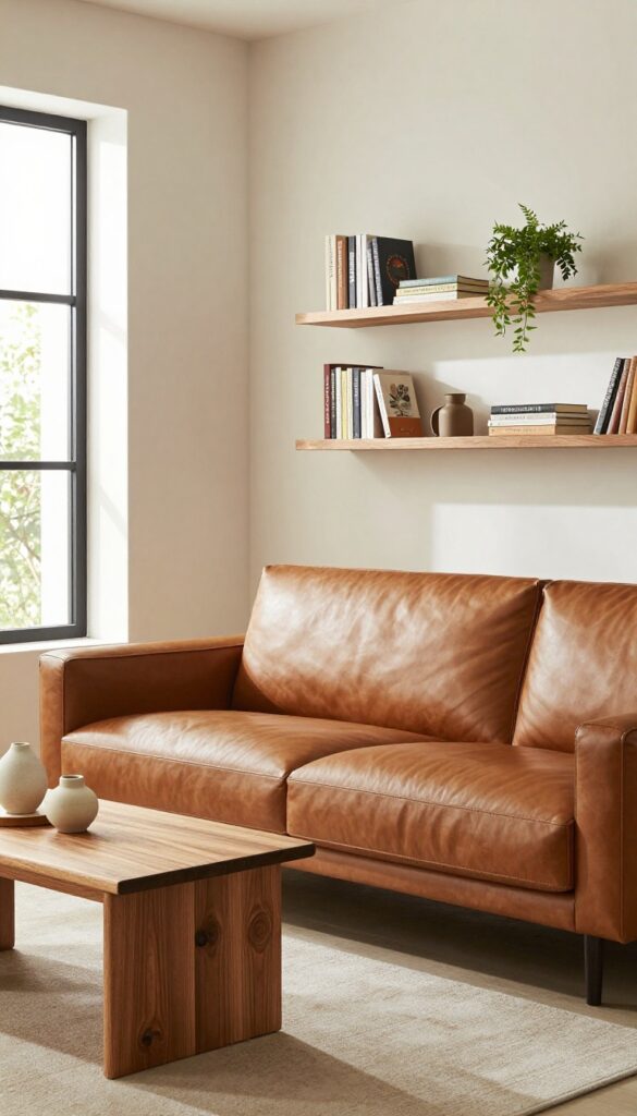 A modern living room with a cognac leather sofa and natural wood coffee table and shelves, bathed in natural light.