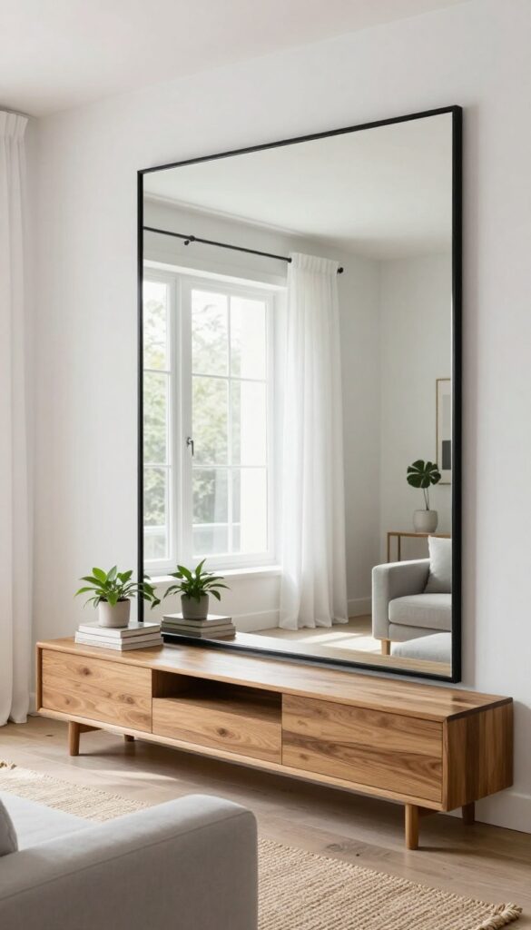 Bright family living room with large leaning mirror reflecting window, modern decor