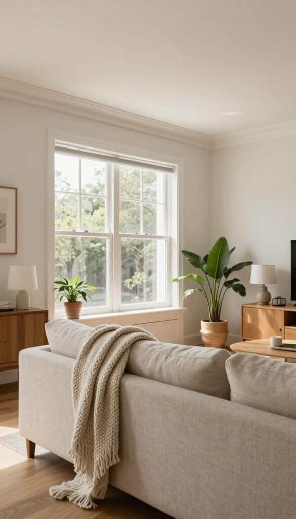 Living room with glossy white ceiling reflecting light, warm wood and textured decor, cozy and bright