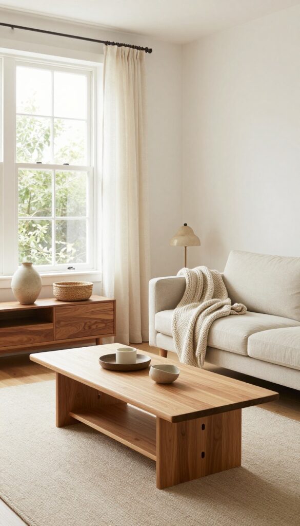 Soft white living room with warm wood furniture and natural light