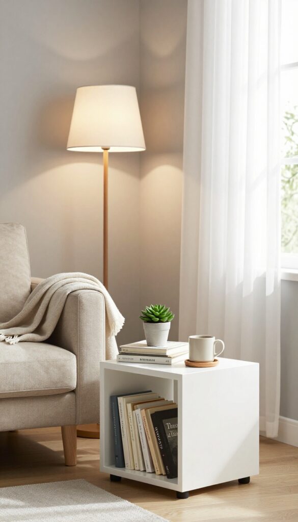 Cozy reading nook with a single white IKEA Eket cube as a side table beside an armchair, books, plant, mug, and floor lamp.