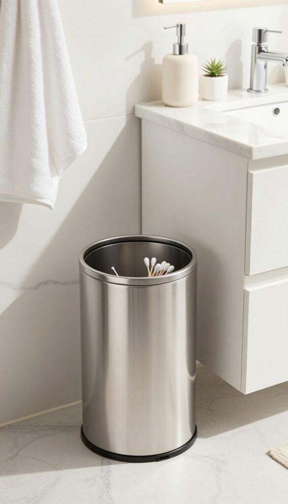 Small lidded trash can on bathroom vanity for cotton swabs and floss