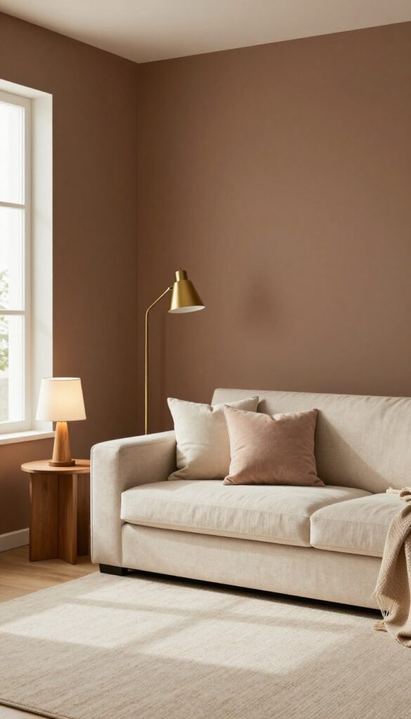 Cozy small living room with warm cocoa brown walls, cream rug, beige sofa, and brass lighting accents.