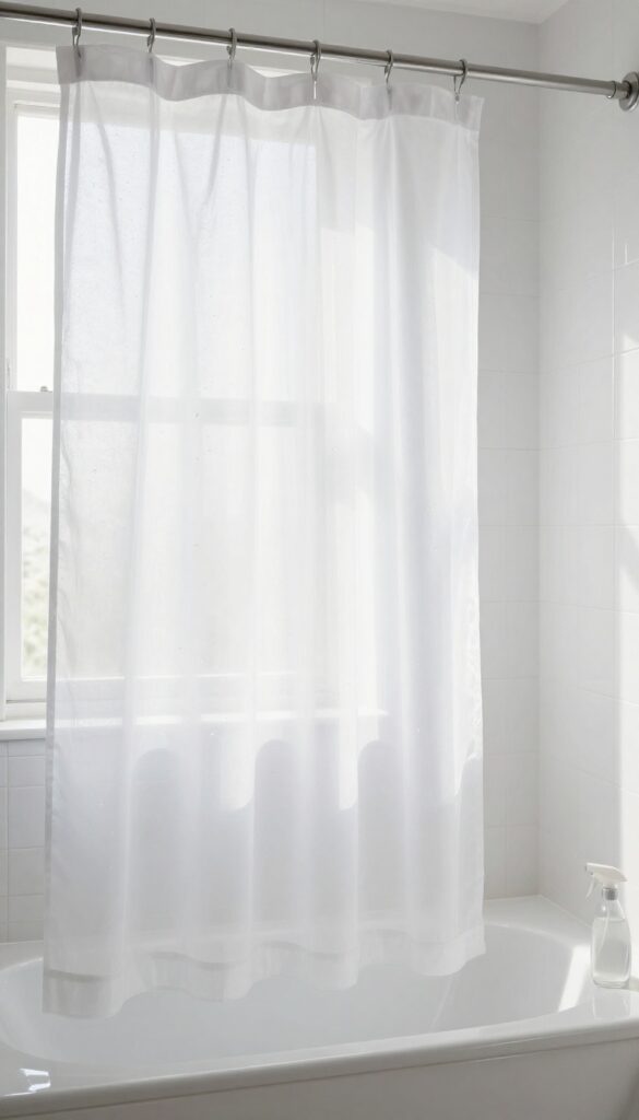 Shower curtain spread out to dry after a shower, with a spray bottle of vinegar solution on the tub edge