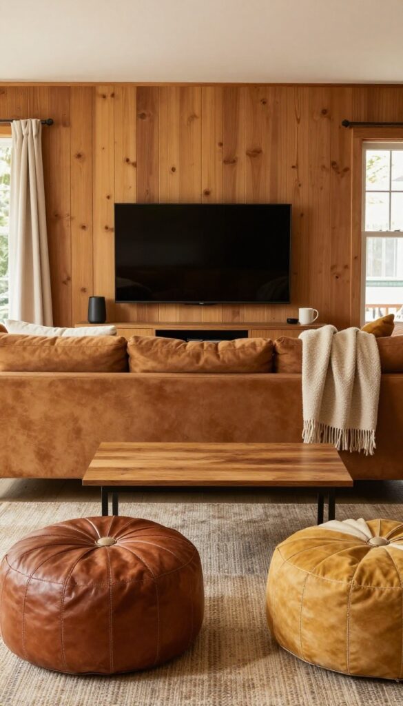 Cozy basement living room with floor pillows and poufs for extra seating