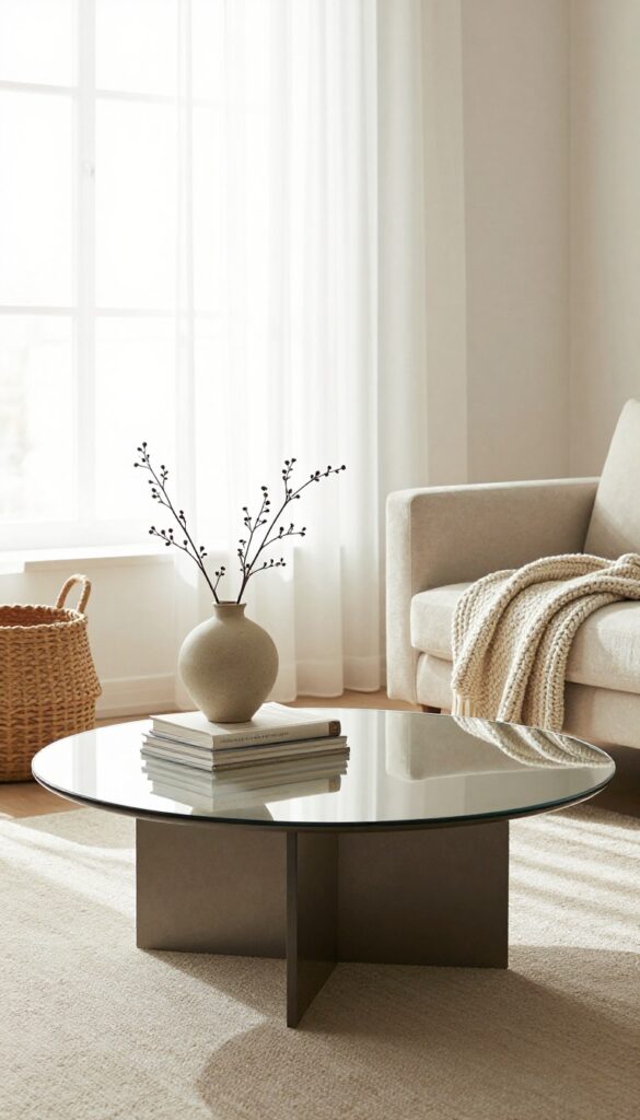 A round mirrored coffee table reflecting light in a small living room with cozy decor