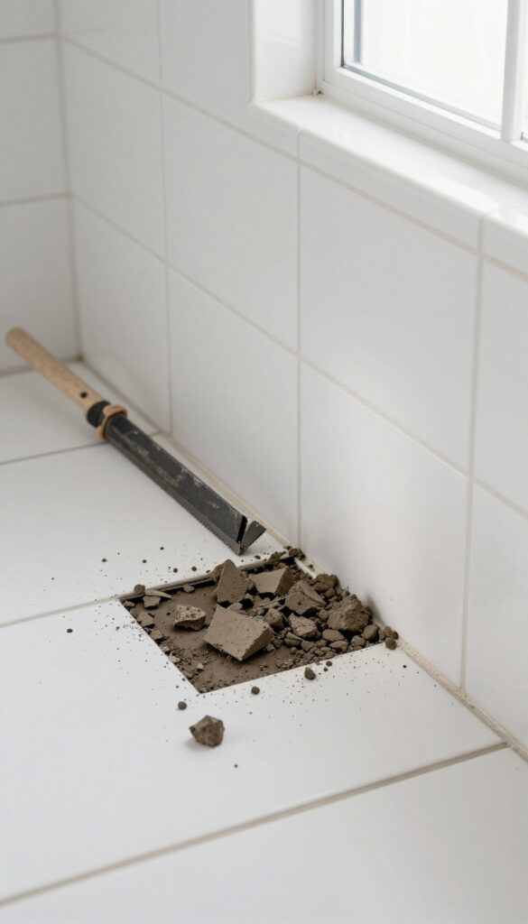 Close-up of bathroom tile floor with old grout being removed using a grout saw, bright natural lighting, clean composition.