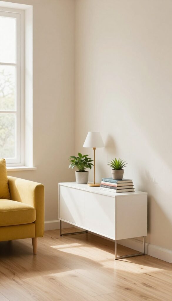 Slim console table behind a mustard sofa in a bright living room