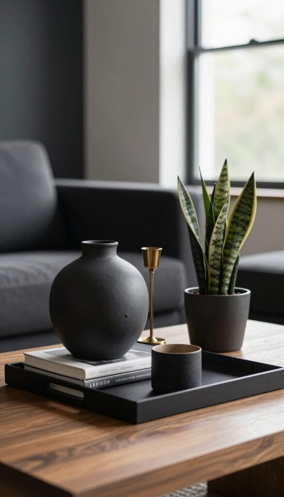 Coffee table styled with dark objects in a moody living room