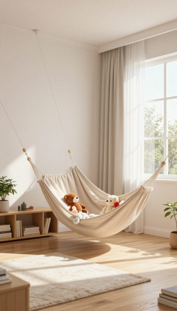 A corner toy hammock filled with stuffed animals in a bright living room