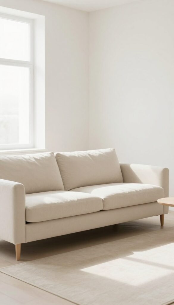Light and airy living room with a burgundy sofa on a pale cream rug, natural light, clean composition