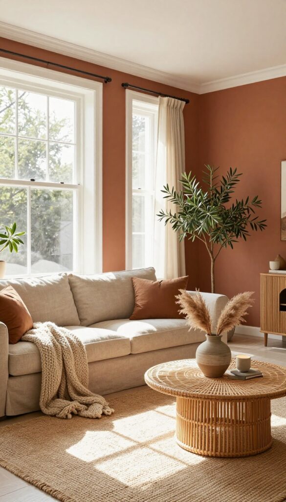 Living room with terracotta accent wall, linen sofa, jute rug, rattan coffee table, and greenery in natural sunlight.