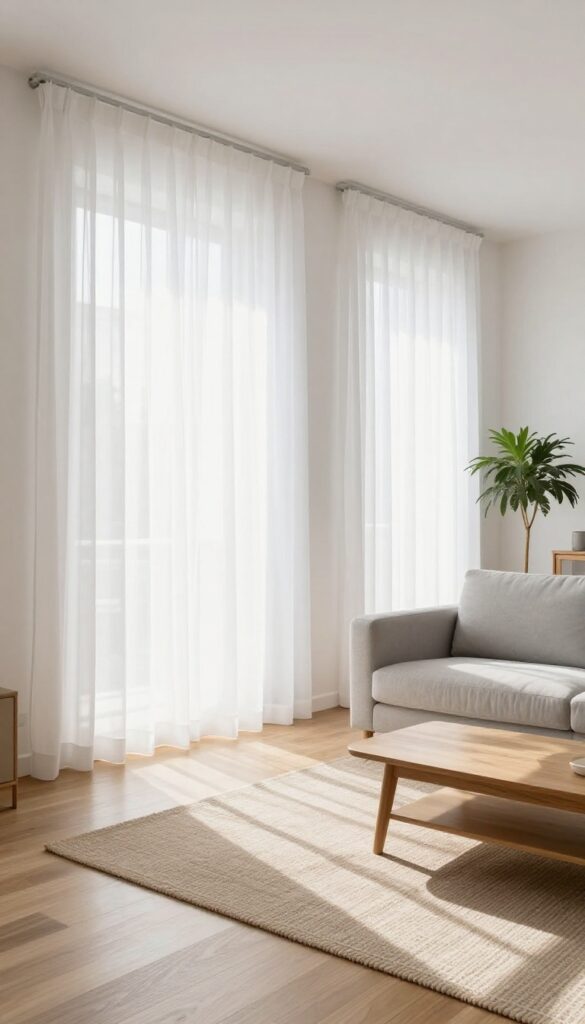 Small living room with curtains hung high and wide to make the window appear larger and the ceiling taller, featuring a sofa, coffee table, and jute rug in a bright, minimalist setting.