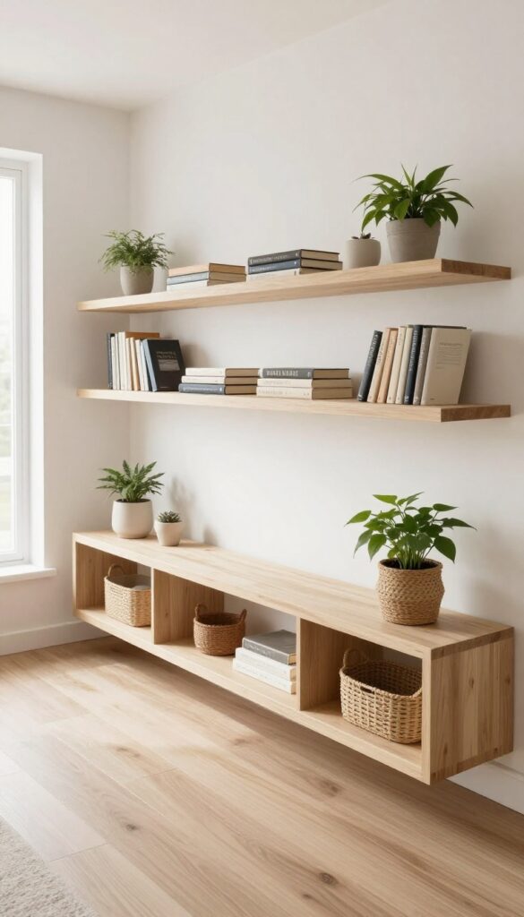 Floor-to-ceiling floating shelves in a small living room, styled with books, plants, and baskets, creating a built-in look.