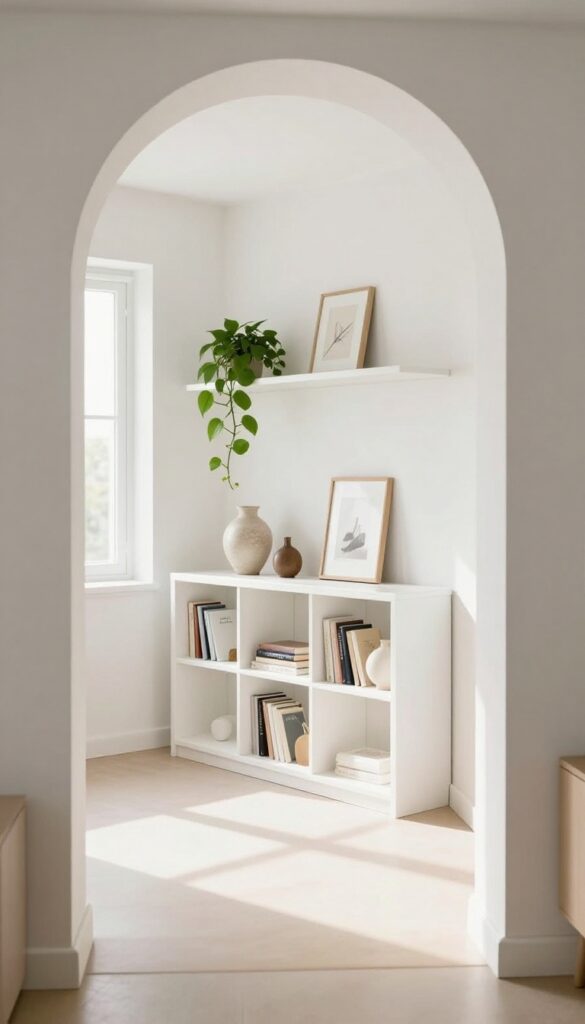 Living room archway with built-in bookcase on one side, styled with books and decor, natural light.