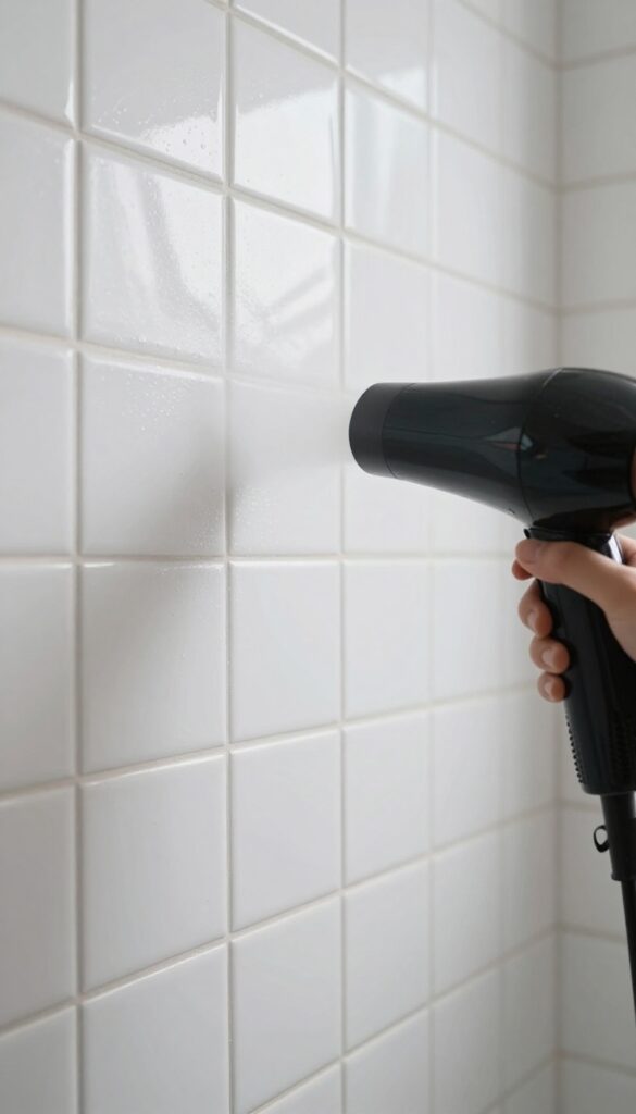 Hand using a hair dryer to dry grout lines on a clean shower tile wall