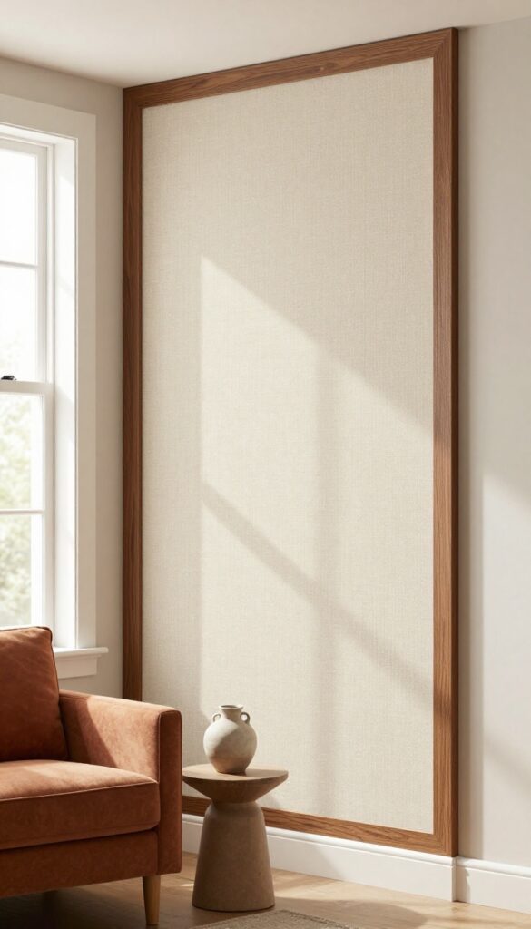 Close-up of a living room accent wall with wood moulding frames and oatmeal linen fabric inserts, creating a tailored, upholstered effect.
