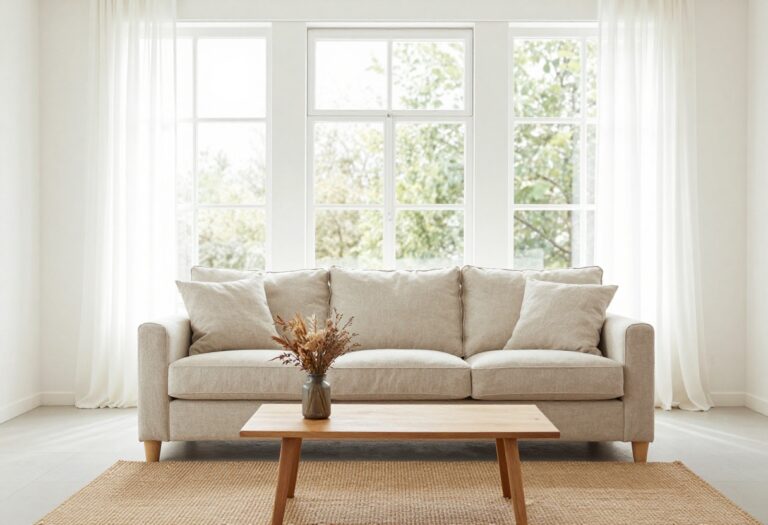 Light beige linen sofa in a bright living room with natural light, jute rug, and wooden coffee table.