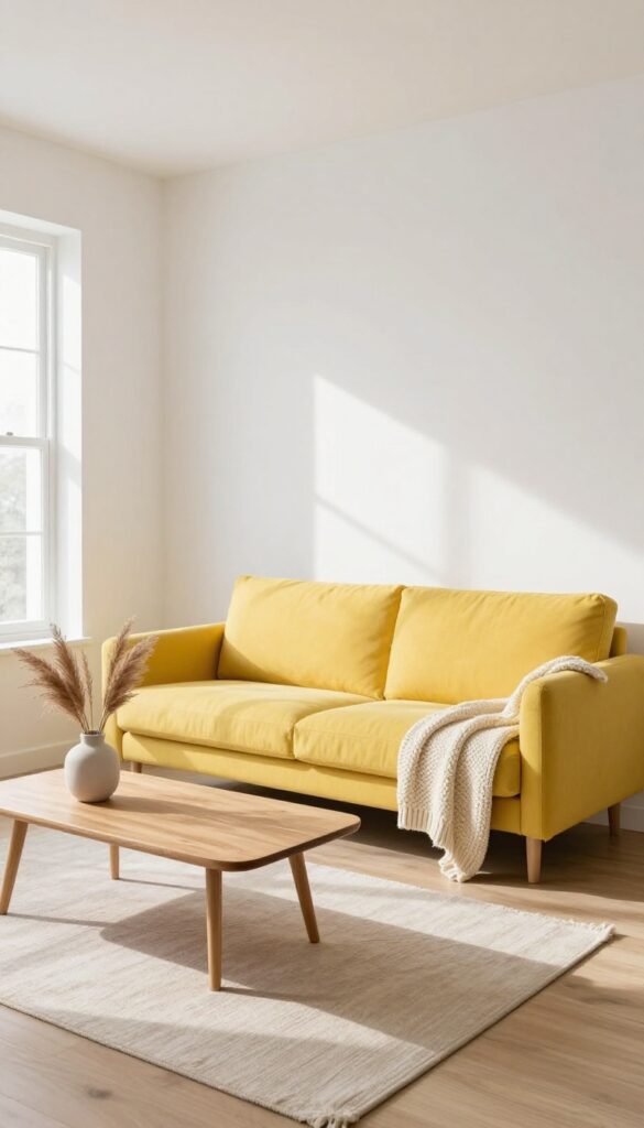 Neutral living room with yellow couch, white walls, light wood floor, and natural textures.