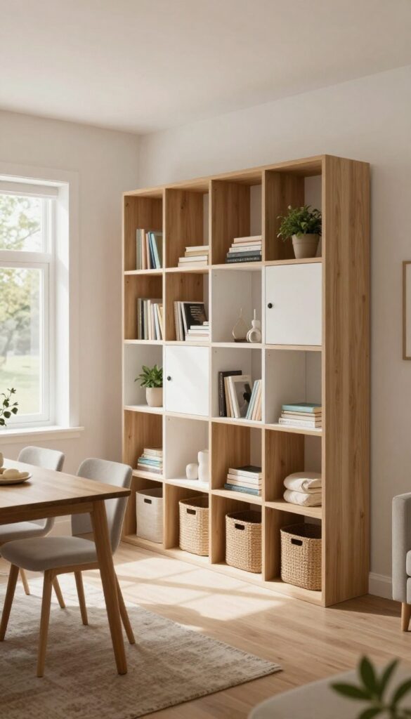 Modular cube storage room divider in a bright open-plan living and dining room