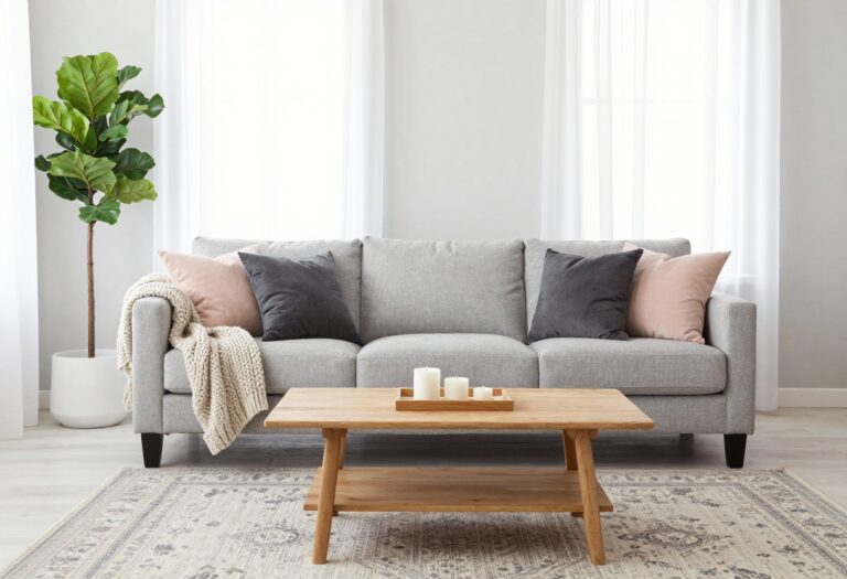 Light grey couch in a bright living room with textured pillows, a patterned rug, and a wooden coffee table.