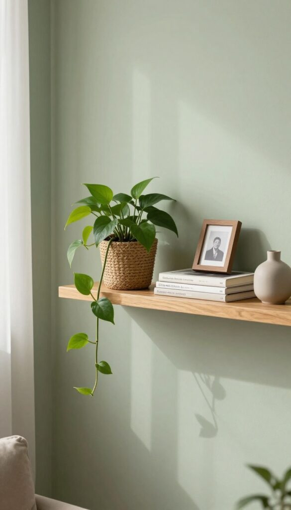 Floating shelves with greenery and books in a cozy modern living room