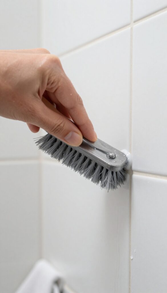 Person scrubbing shower grout with a stiff-bristled brush in circular motions, bright natural light, clean tiles.