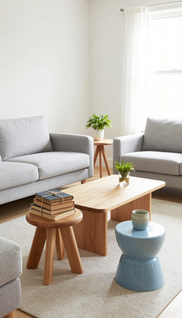 Living room with small side tables near each seat, including a stack of books and a ceramic stool, for easy hosting.