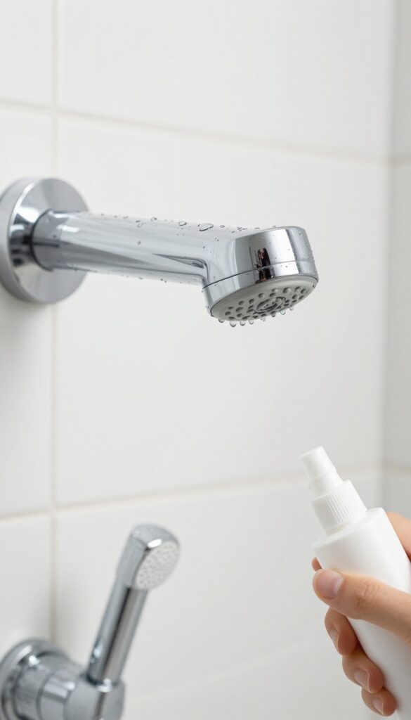 Hand spraying descaling solution onto a chrome shower head in a clean, bright bathroom.