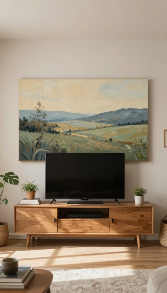 Cozy living room with TV and wide art piece above, neutral decor, soft lighting