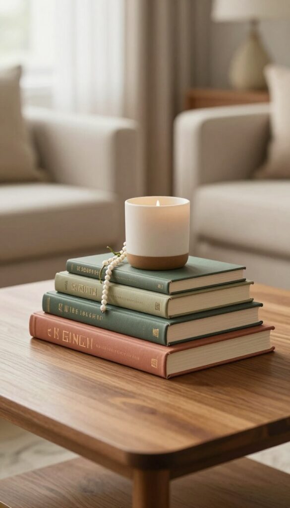 A stack of coffee table books topped with a small plant and candle on a wooden coffee table in a cozy living room.