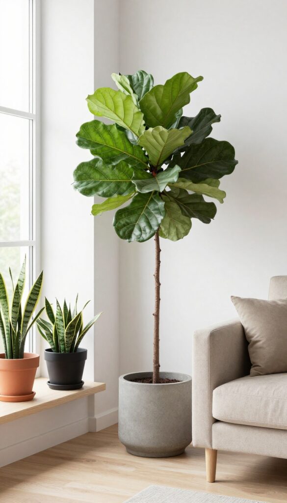 Modern living room with a tall fiddle leaf fig in a concrete pot beside a beige sofa and snake plants on a shelf.
