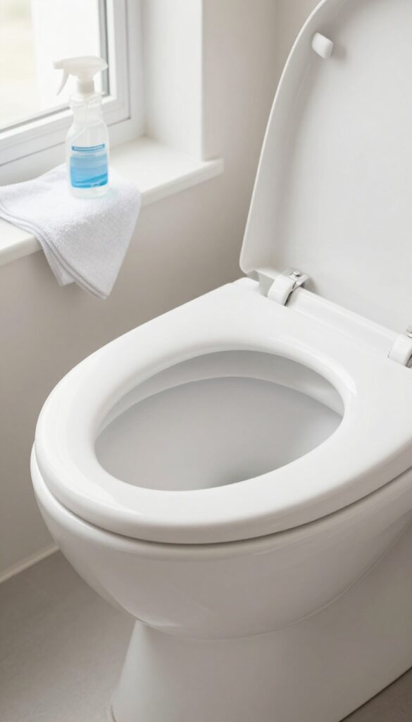 Close-up of a lifted toilet seat and lid with disinfectant spray and cloth, highlighting the underside and hinges for cleaning.