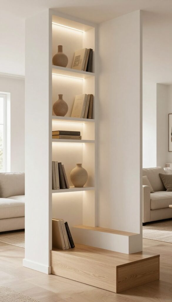 Recessed shelving on the step wall of a sunken living room with minimal decor and warm lighting