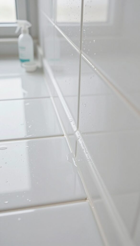 Freshly sealed shower grout with water beading, showing proper cure