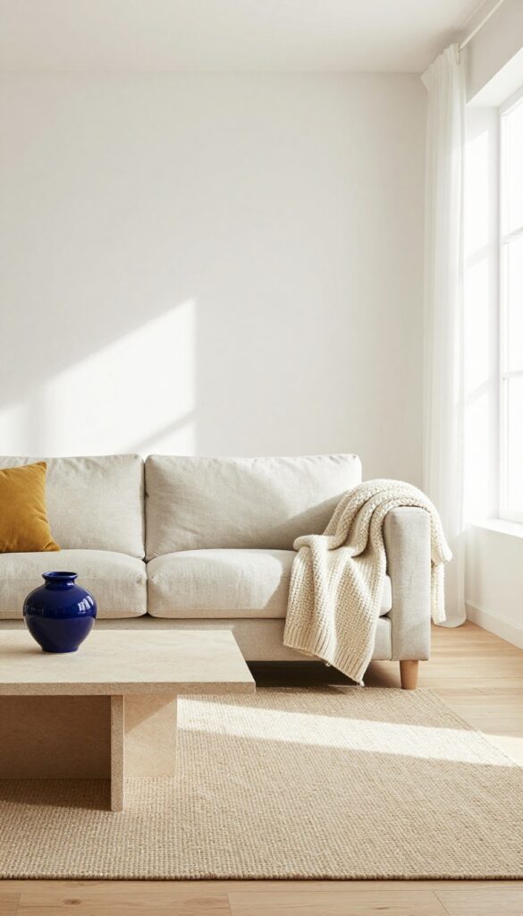 Modern living room with neutral base, warm white walls, linen sofa, jute rug, and subtle accent colors in mustard and blue.