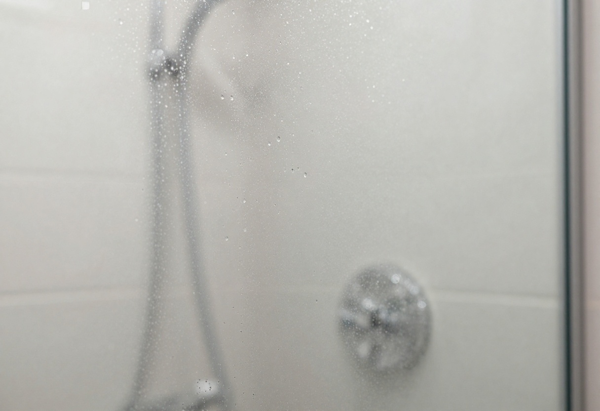 Sparkling clean glass shower door with water droplets