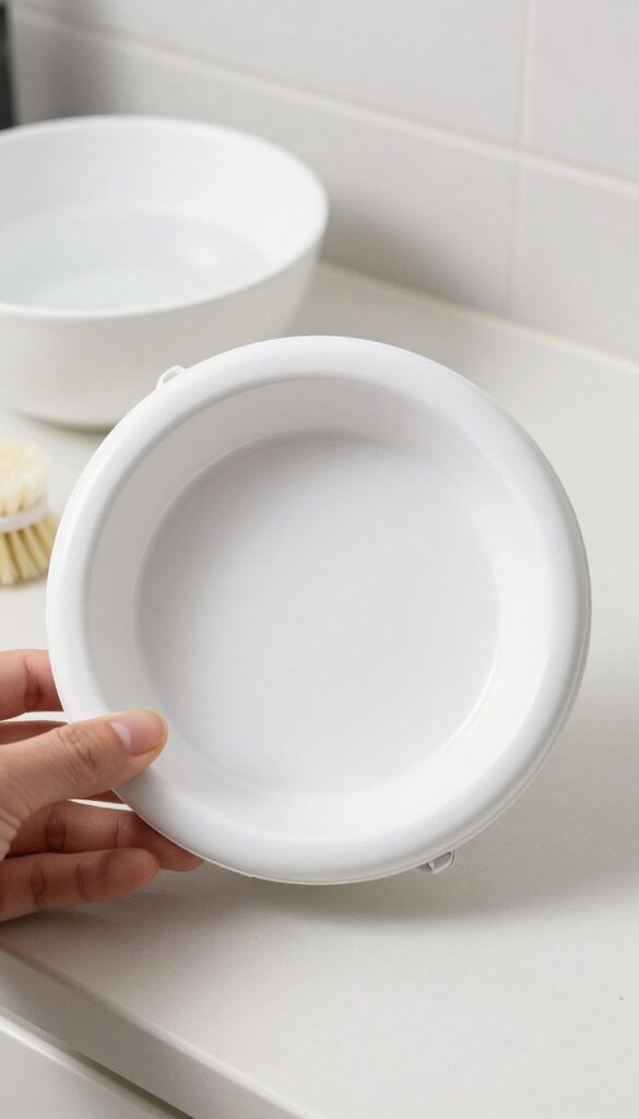 Hand holding a clean bathroom exhaust fan cover next to a brush and soapy water, with a clean bathroom background.