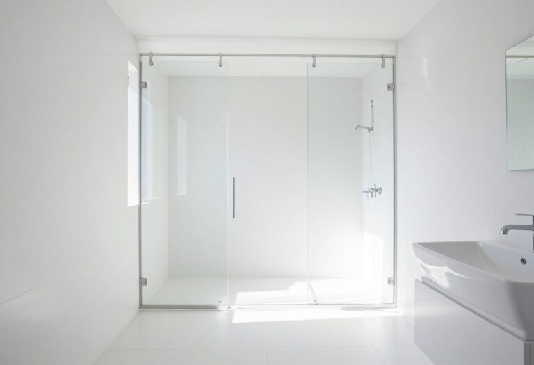 Clean shower with glass doors and tile