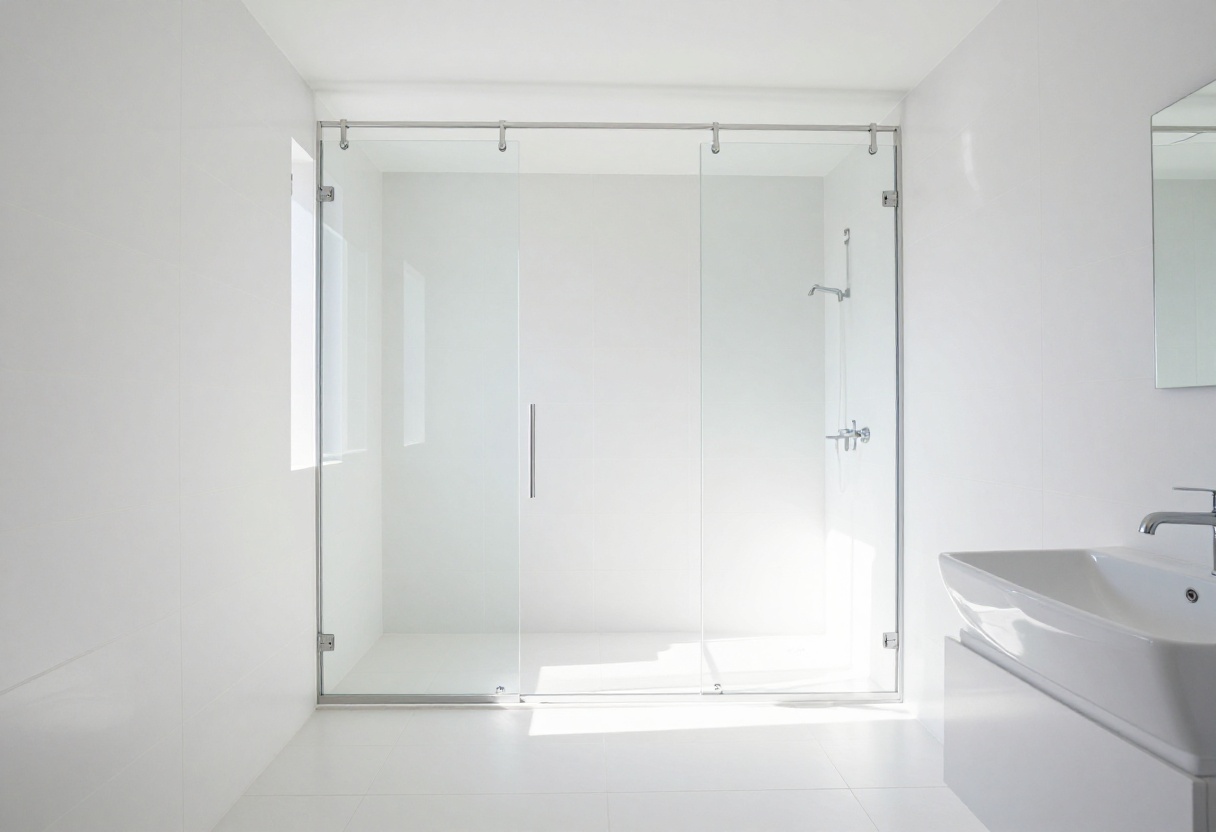 Clean shower with glass doors and tile