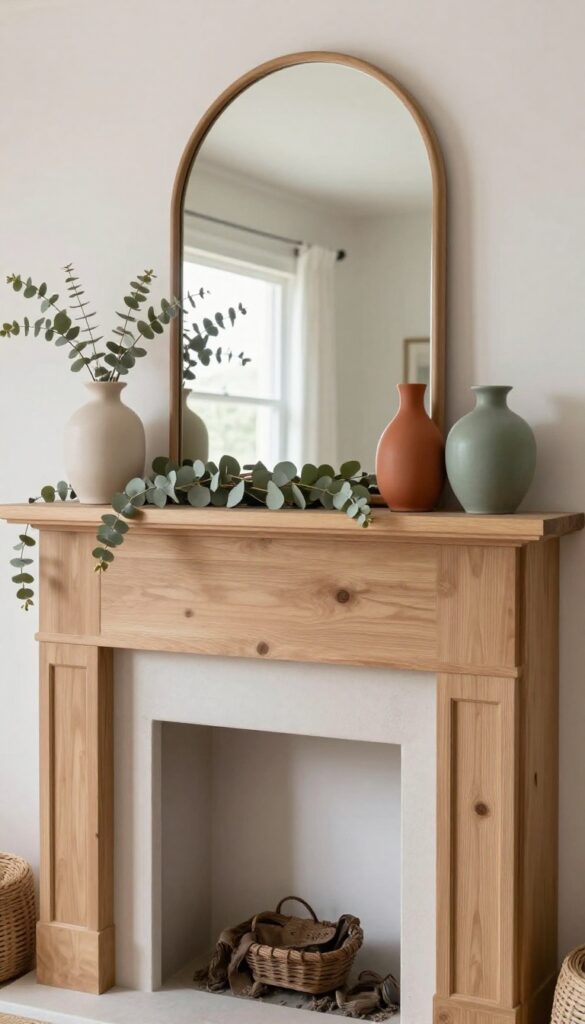 Cottage living room fireplace mantel with mirror, ceramic vases, and dried eucalyptus wreath