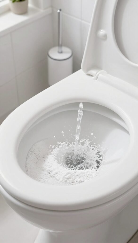 Baking soda and vinegar fizzing in a toilet bowl for natural cleaning