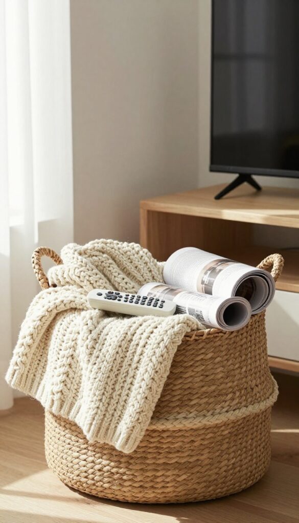 Woven basket filled with blanket and remotes next to TV stand in bright living room corner