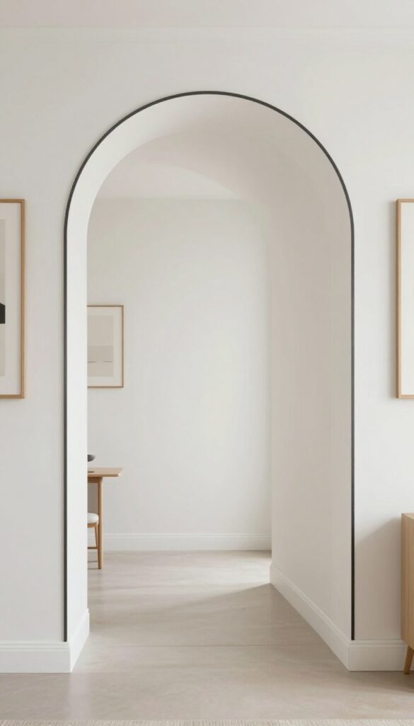 Gallery wall art arranged around a living room archway, with frames following the curve for a clean modern look.